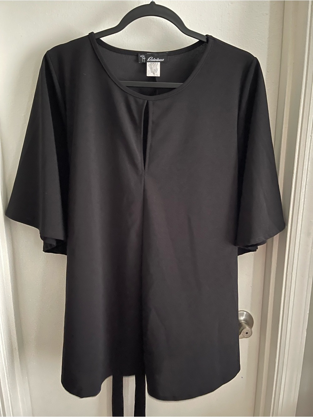 Rainbow Black Short-Sleeve Batwing Women’s Blouse with Subtle Front Pleat